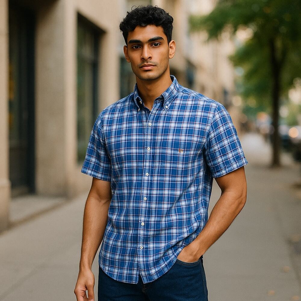 Ralph Lauren Mens Shirt Sz L‎ Blue White Red Check Plaid Short Sleeve Cotton
